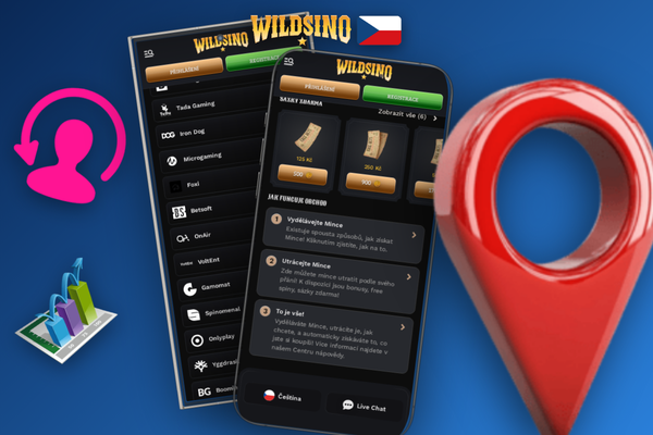 Wildsino aplikace otevřená v telefonu s barevným lobby slotů ve večerním prostředí