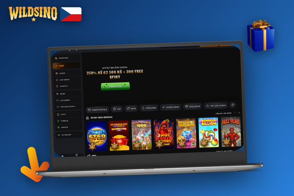 Wildsino desktop v režimu celé obrazovky – otevřený slot a lišta s uživatelským profilem