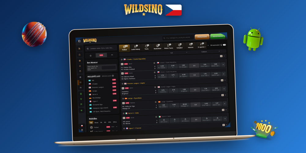 Wildsino na počítači s Windows – domovská obrazovka kasina a sportsbooku na notebooku