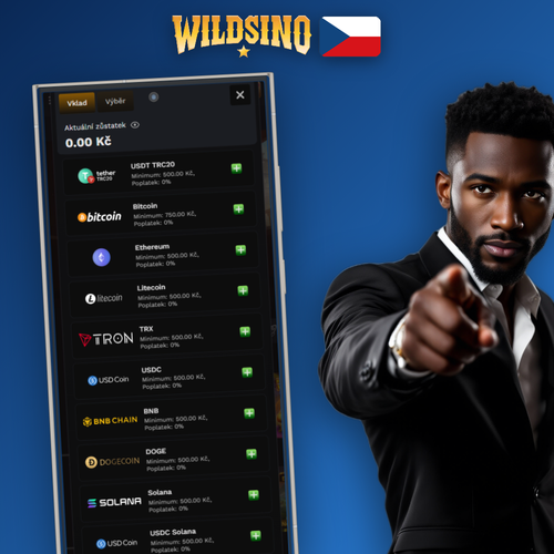 Wildsino vklad bez poplatků s ikonami Visa, Mastercard, Skrill a Bitcoin